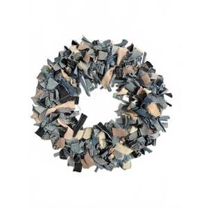 Shabby Chic Rag Wreath 14" Denim Blue Tan Cottage Farmhouse Upcycled Home Decor